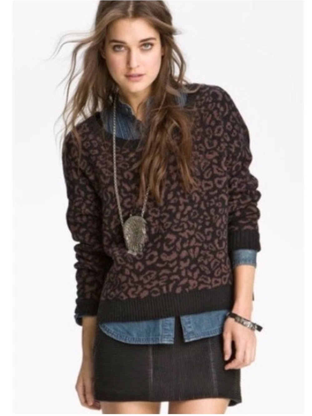 Free People Leopard Crewneck Sweater in Brown and Black - Picture 7 of 7
